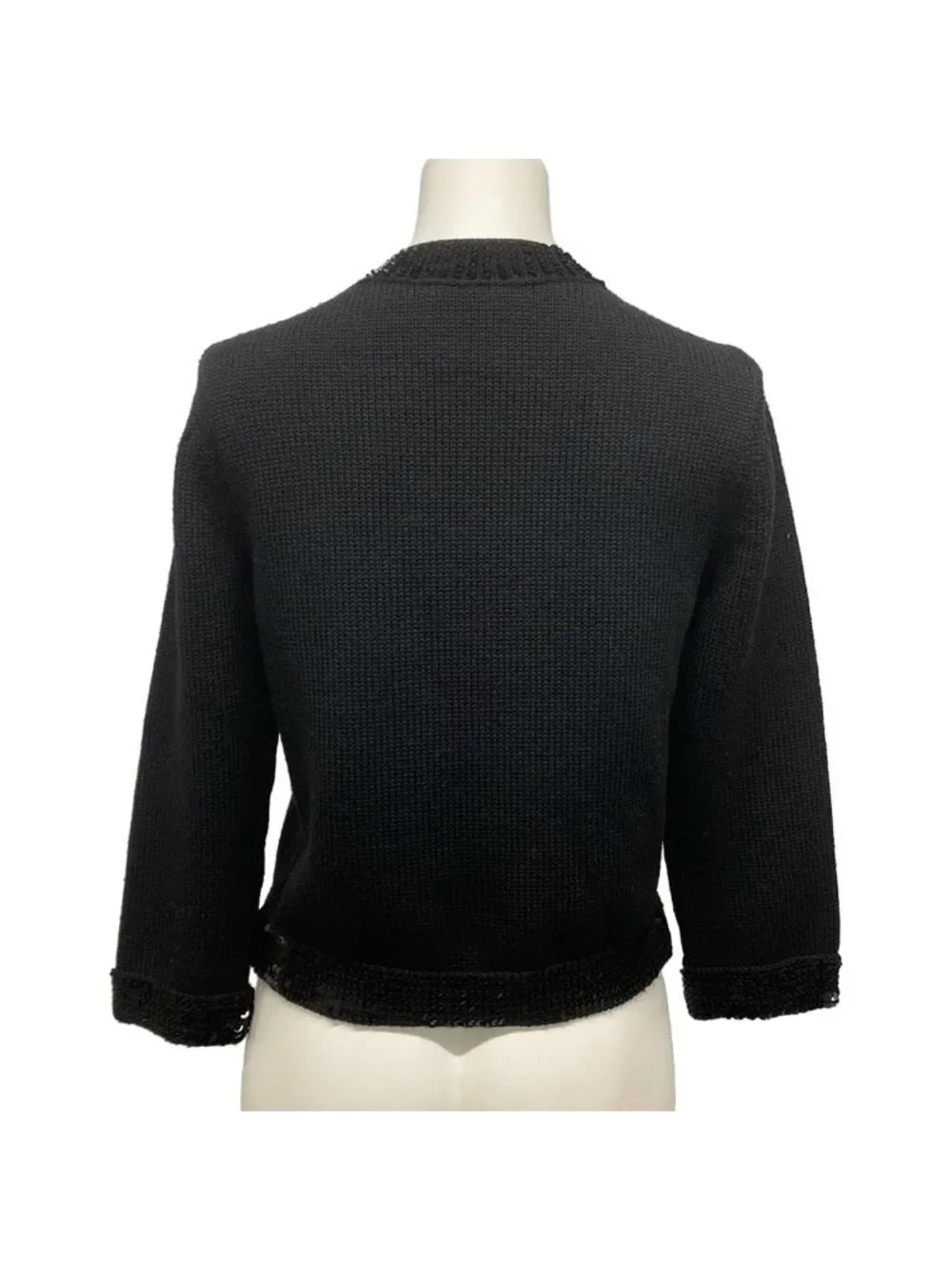 Chanel Cardigan 40 M Black Long Sleeve Sequin Wool